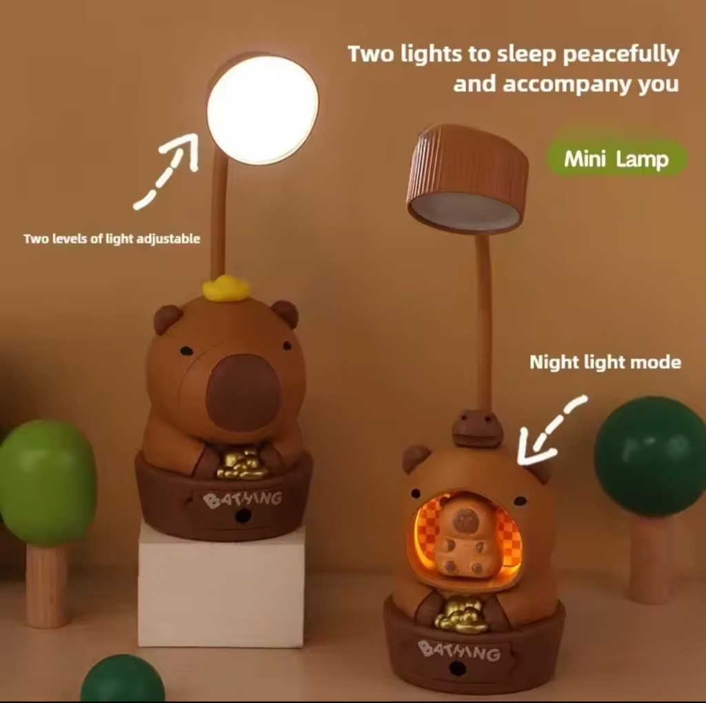 Lámpara LED de Escritorio Capibara – 3 en 1: Iluminación, Luz Nocturna y Sacapuntas.